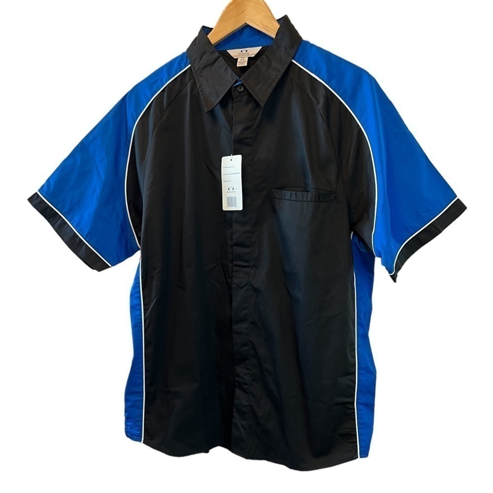 NWT BIZ COLLECTION Black & Cobalt Colour Blocked Button Up Short Sleeve Shirt L